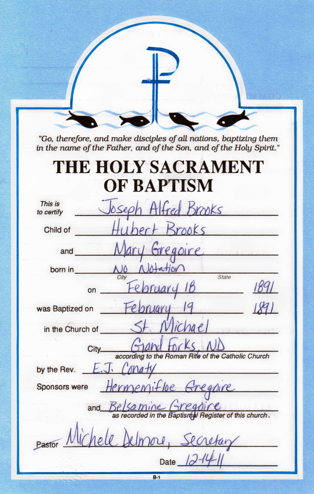 1891 Baptismal Certificate of Joseph Alfred Brooks